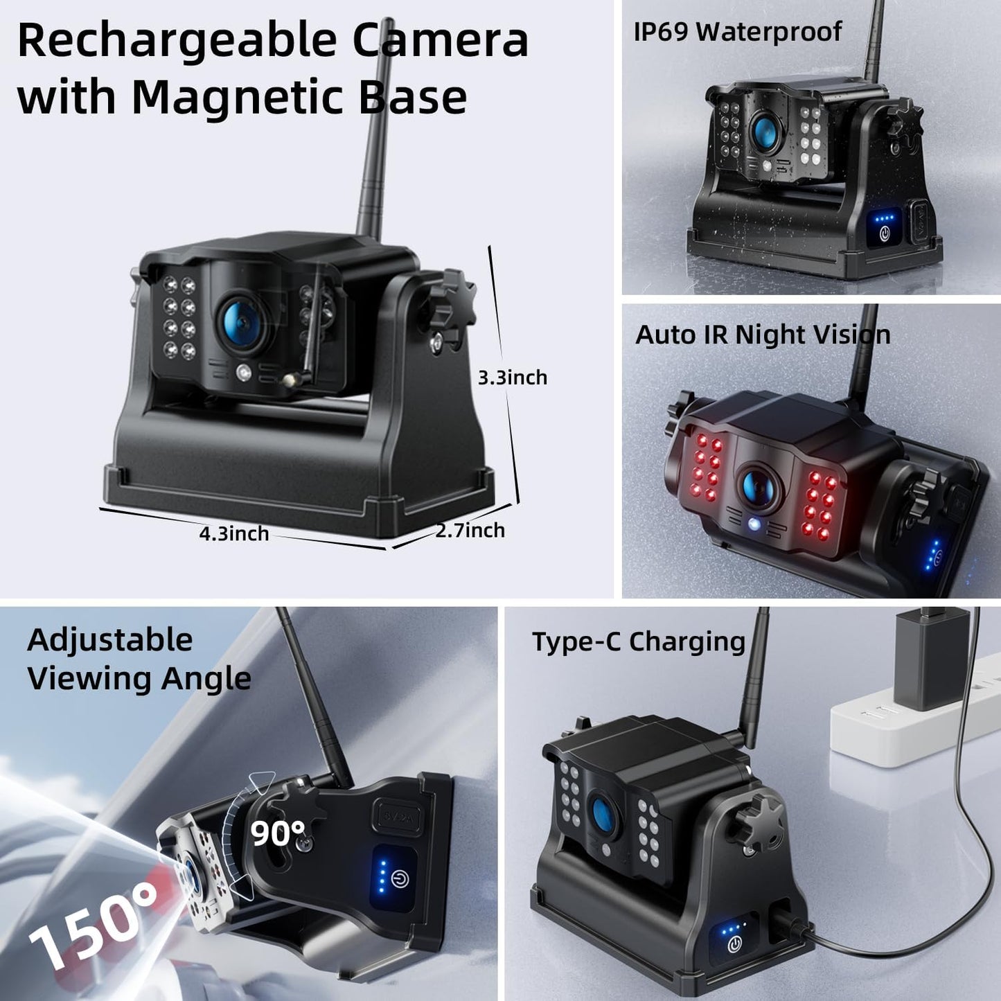 Fookoo HD Magnetic Wireless Backup Camera, 1080P 7" Dual Split Monitor & Rechargeable Rear View Cameras, Lower Consumption 1-Min Installation No Drilling Recording for RV Trailer Truck Camper DCX702