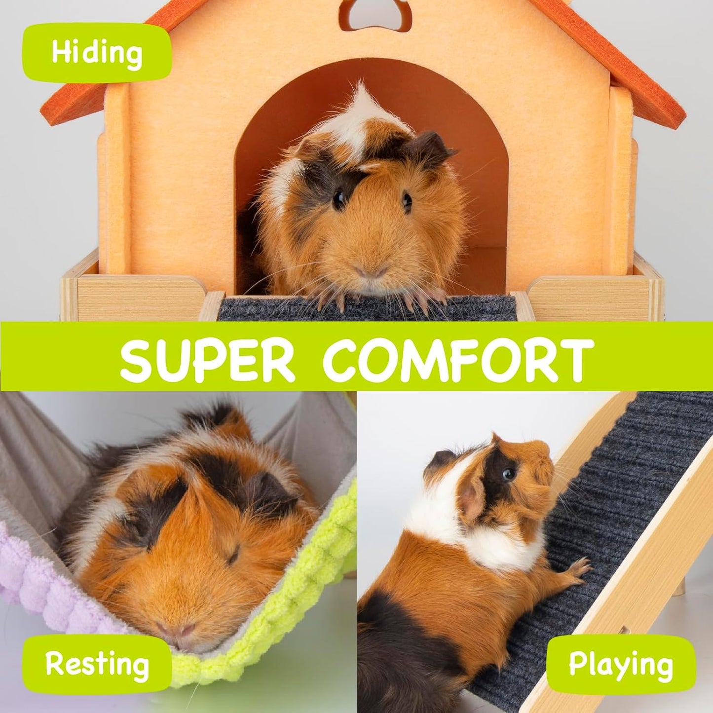 3 in 1 Enlarged Guinea Pig Hammock,Wooden Guinea Pig Hideout with House & Platform & Stairs Small Animal Toys for Hiding Sleeping Activities