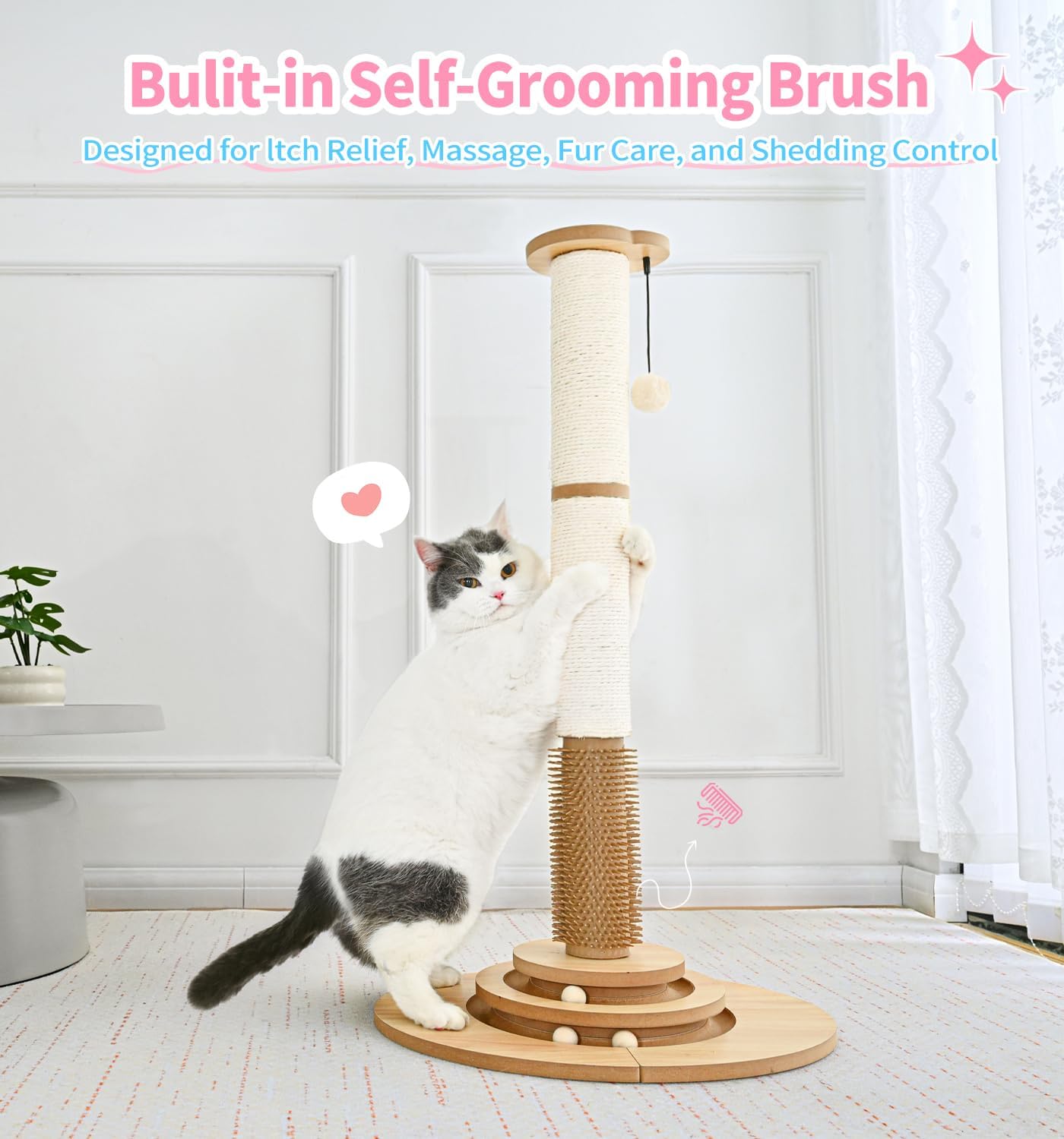 Made4Pets Cat Scratching Post Premium Sisal Cat Scratcher Kitten Toys for Indoor Kittens 33.6" Tall Cat Tower Scratch Post Cat Tree Wooden Interactive Ball Track Cat Toy with Hanging Ball, Beige