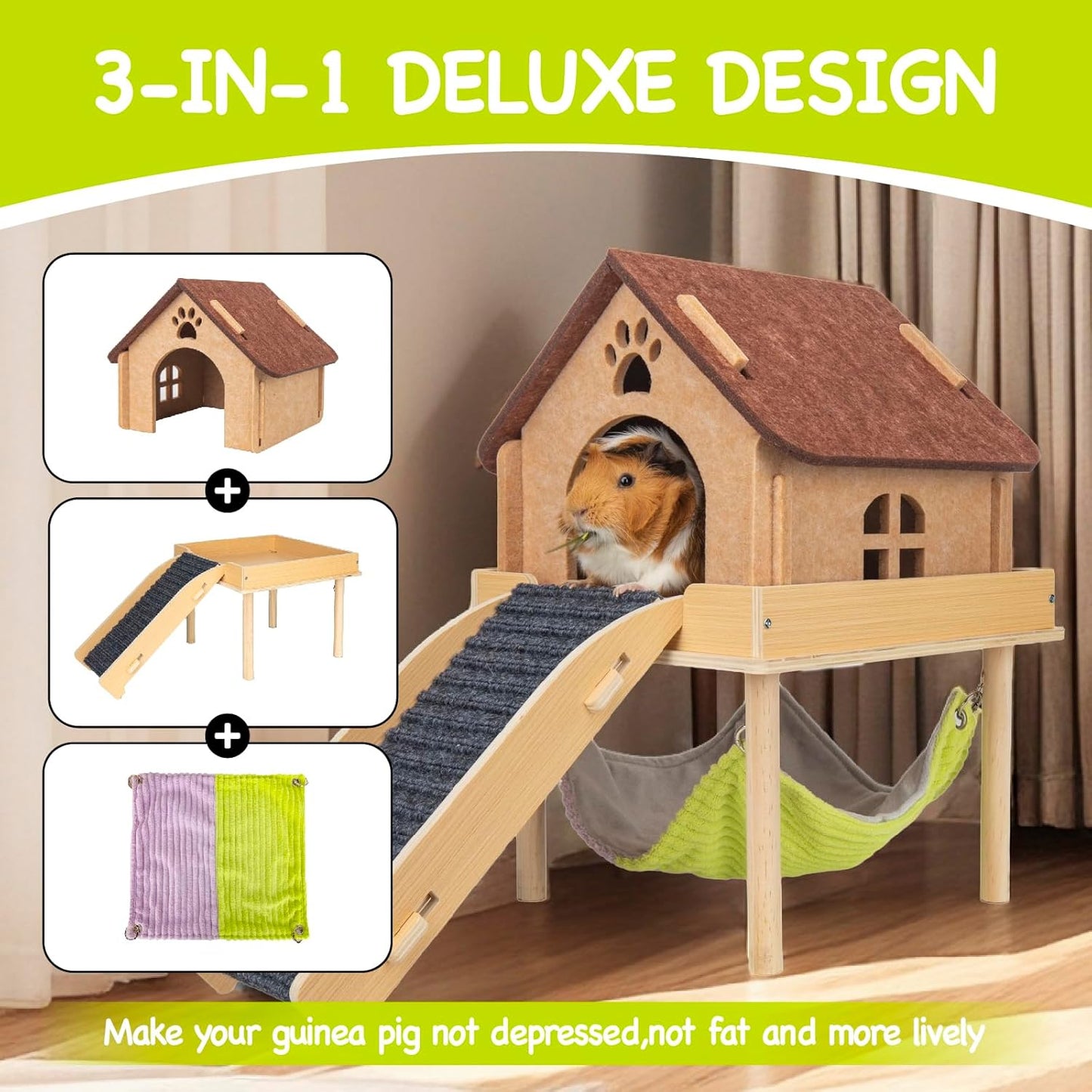 3 in 1 Enlarged Guinea Pig Hammock,Wooden Guinea Pig Hideout with House & Platform & Stairs Small Animal Toys for Hiding Sleeping Activities