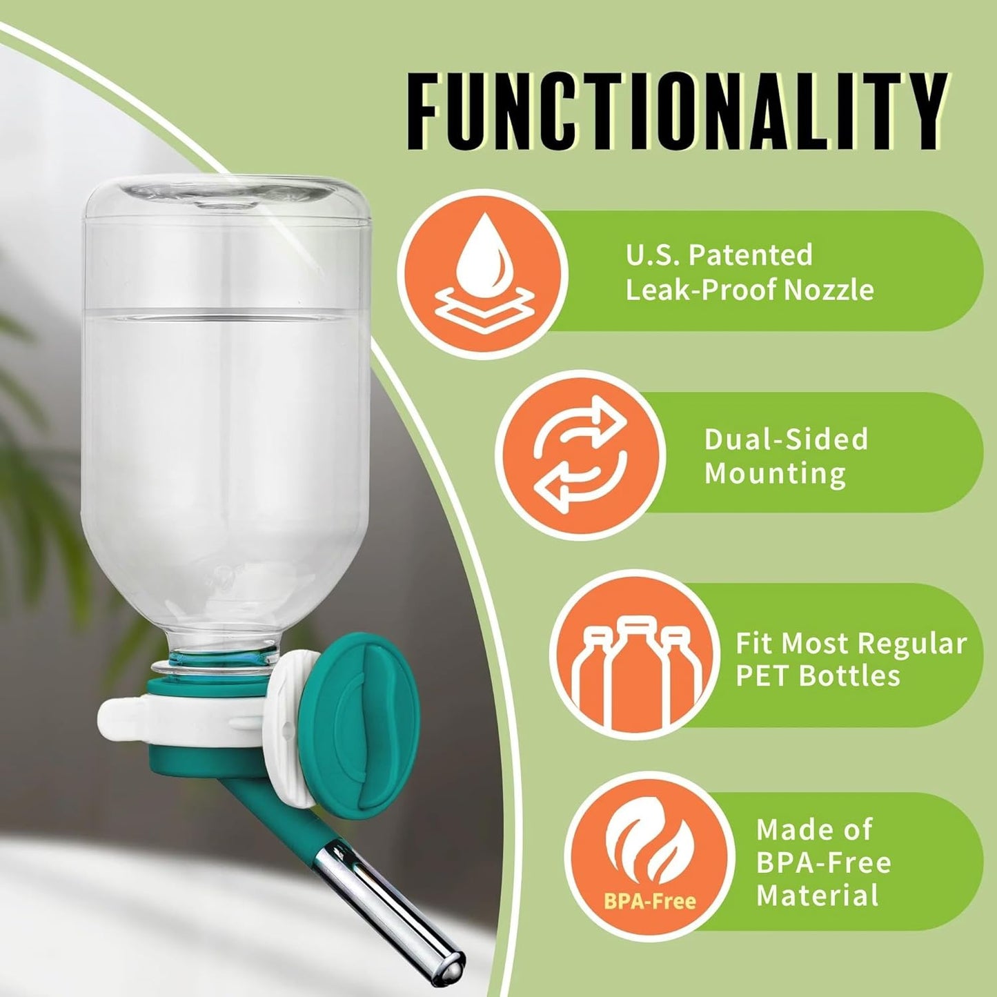 Choco Nose Patented No-Drip Water Bottle/Feeder for Guinea Pigs/Hamsters/Bunnies/Ferrets/Other Small Pets, Critters and Animals - for Cages, Crates or Wall Mount. 10.2oz. Nozzle 10mm, Green (C128)