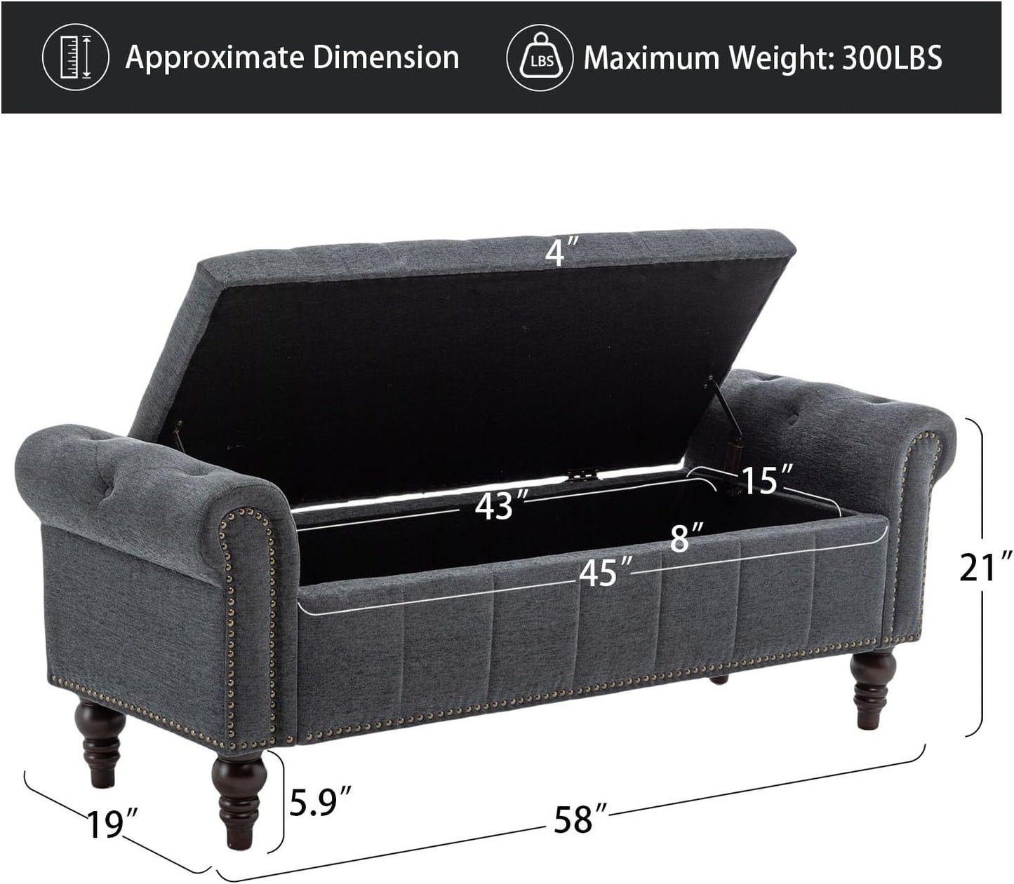 58’’ Storage Bench for Bedroom, Upholstered Button-Tufted Ottoman with Solid Wood Legs, Large End of Bed Shoe Cabinet, Window Seat Foot Rest Stool for Entryway, Closet, and Living Room (Dimgray)