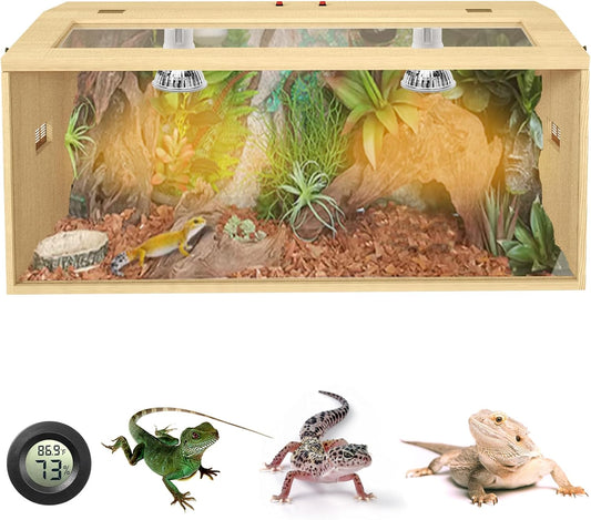 34 Gallon Bearded Dragon Tank, Lockable Reptile Terrarium Tank, Large Snake Enclosure, Lizard, Leopard Gecko Tank with Openable Roof Door, (Wooden, 32" L x 16" W x 16" H)