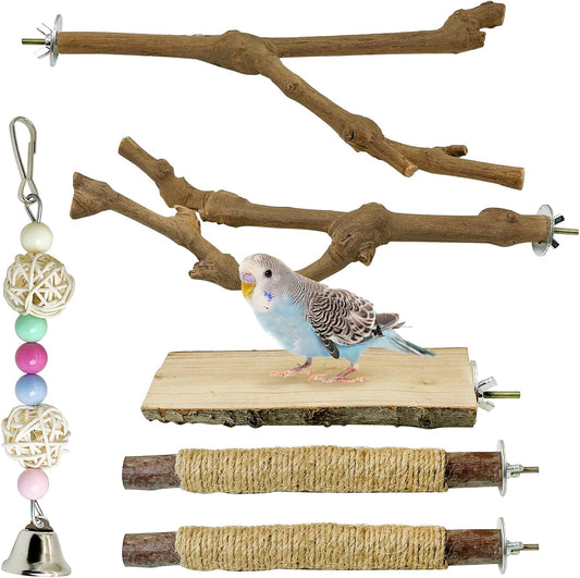 kathson 5pcs Natural Parrot Perch for Cage Wooden Bird Perches Grape Bird Stick Parakeet Climbing Standing Branches Toy Chewable Cage Accessories for Small Budgies Cockatiels Lovebirds
