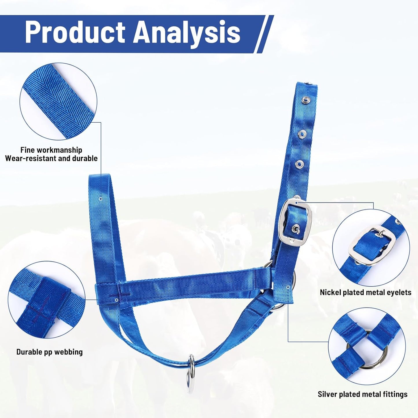 XUANNIAO Easily Adjustable Figure 8 Cow Halter, Double-Ply Premium Livestock Cattle Halters, Colorful Cow Utility Calf Halter with Leading Rope for Miniature Horse Donkey Goat Foal (Large, Blue)