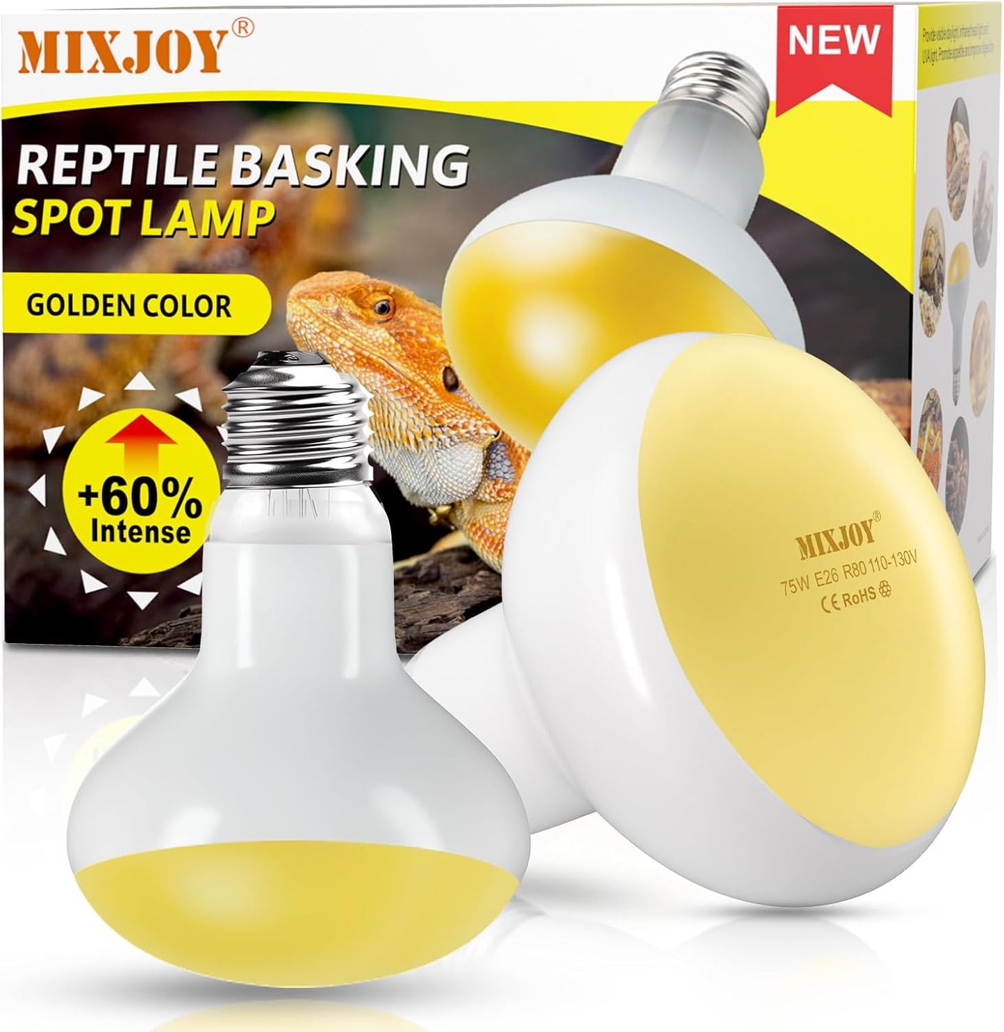 MIXJOY 2Pack Reptile Heat Lamp Bulbs 75W, 60% Intense Heat Bulb UVA Daylight Basking Spot Bulb for Reptiles, Turtle, Lizard, Tortoise, Bearded Dragon, Gecko, Chicken