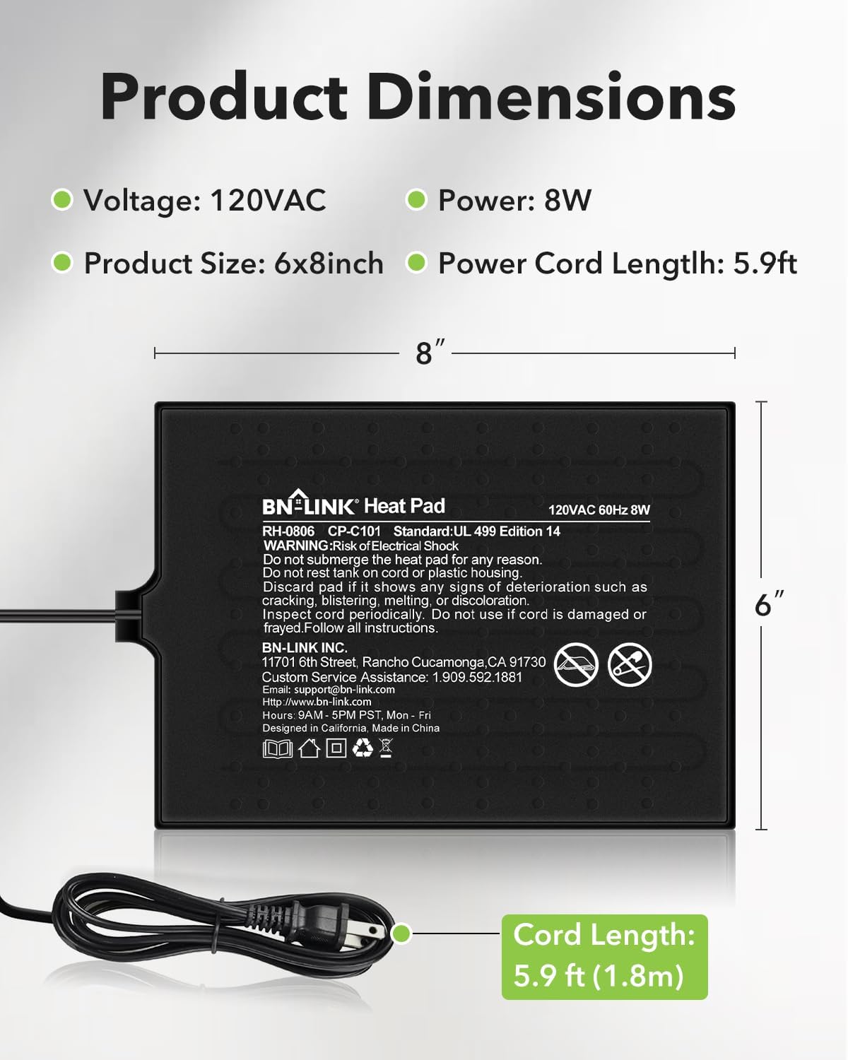 BN-LINK Reptile Heat Pad 6"X8" 8W for 10-20gal Under Tank Terrarium Heating Mat Waterproof for Turtle, Lizard, Frogs, Snake, Hermit Crab