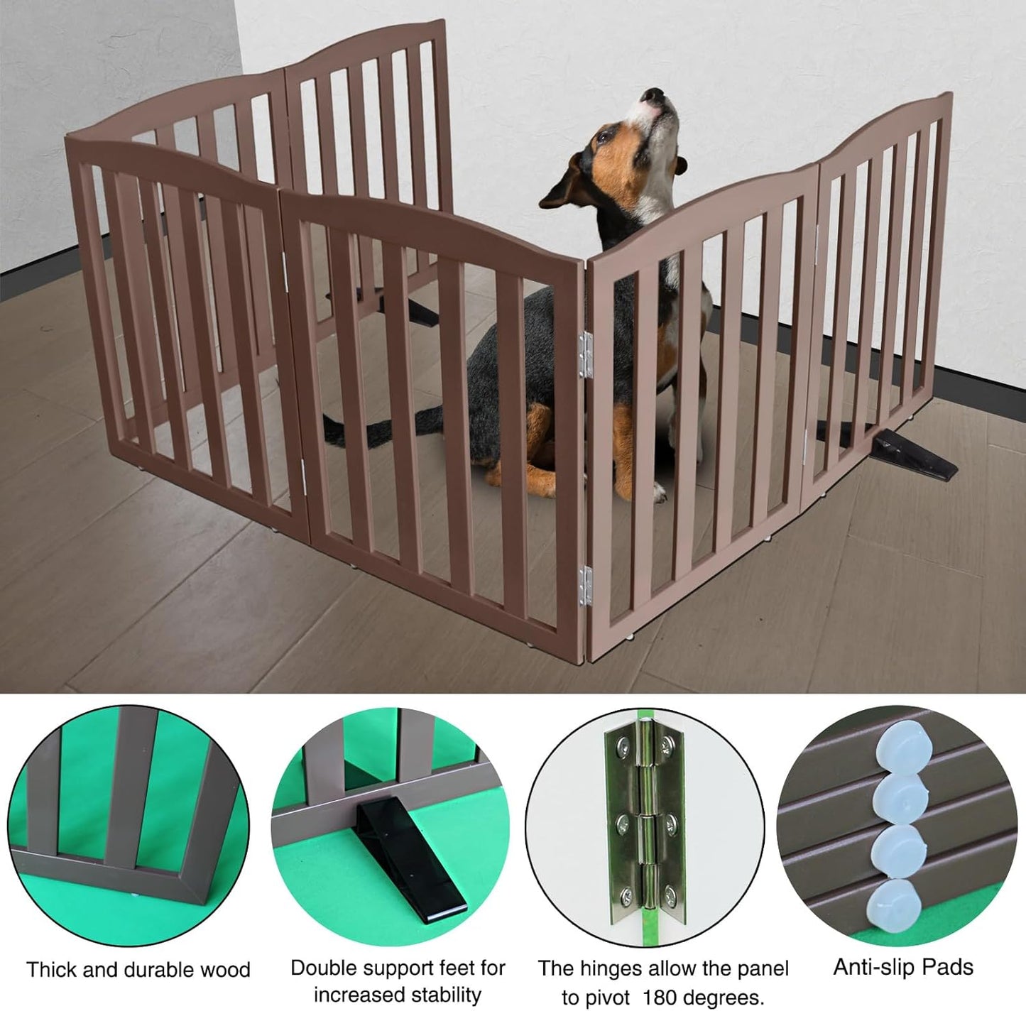 ZJSF Foldable Freestanding Indoor Dog Gate for House Wood Long Pet Gates Dog Fence for Stairs Puppy Gates for Hallways, Puppy Gate,Support Feet Included, Brown, 32 "Height-6 Panels