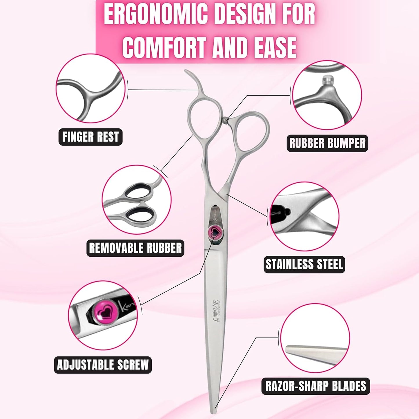 Kenchii Love Dog Grooming Scissors, 8 Inch Straight Shears, Dog Scissors for Grooming, Professional Pet Grooming Scissors, Heavy Duty, Durable and Sharp