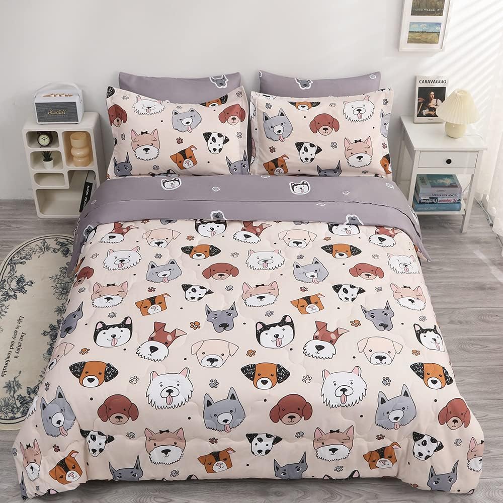 Kids Comforter Set 7 Piece Bedding Cute Dog Cartoon Animal Bed Microfiber Comforter Twin Size All Season (1 Comforter, 1 Flat Sheet, 1 Fitted Sheet, 4 Pillowcase)