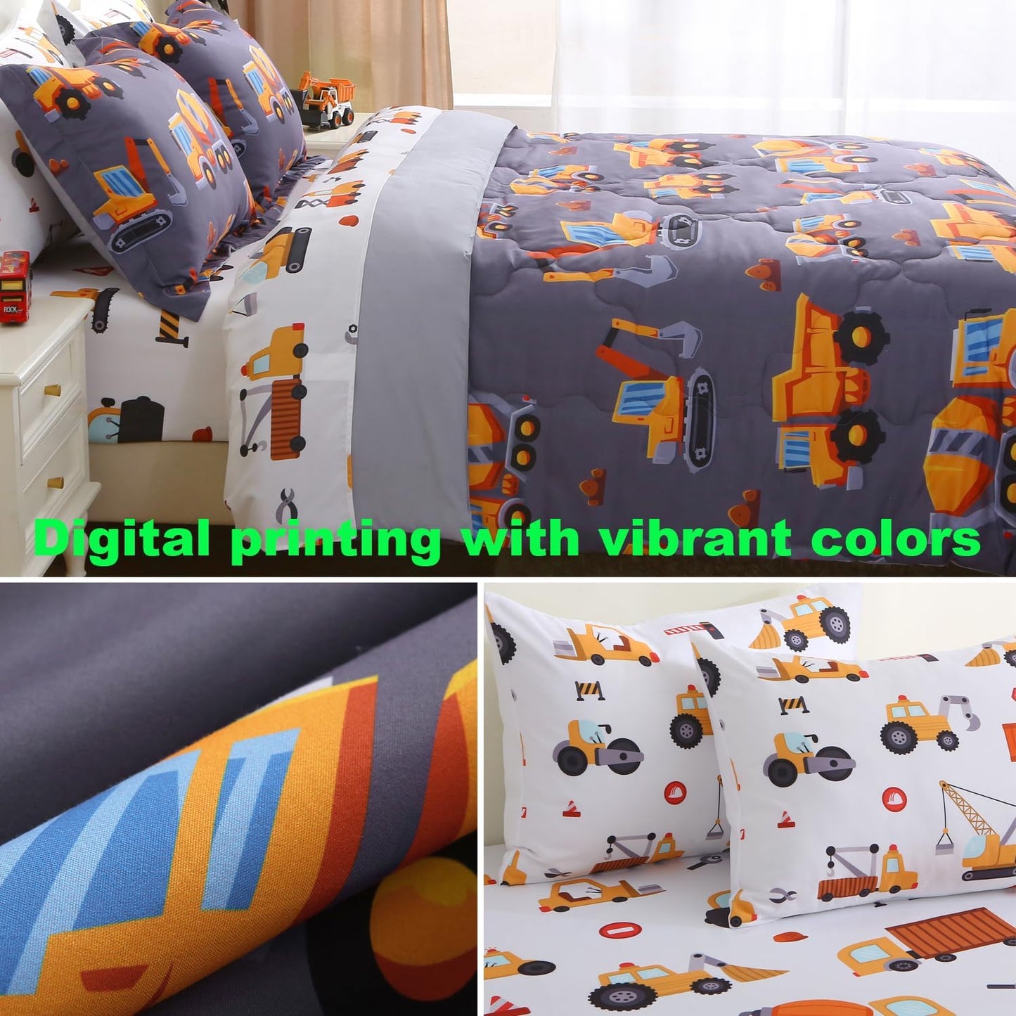 Kids Comforter Set 7 Piece Bedding Cute Car Cartoon Truck Bed Microfiber Comforter Full Size All Season Excavator Car Truck Printed
