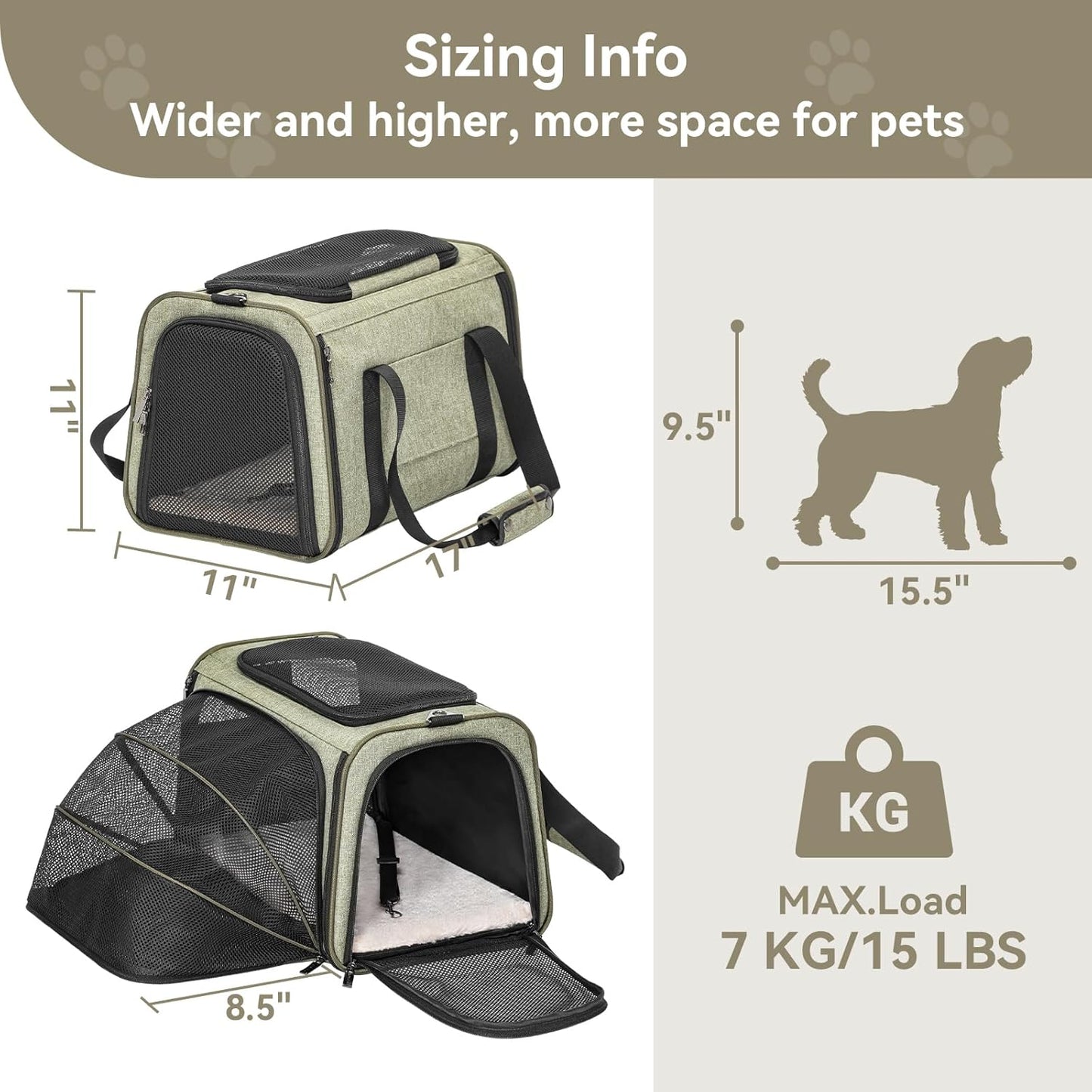 Petsfit Expandable Cat Carrier Dog Carrier,Airline Approved Soft-Sided Portable Pet Travel Washable Carrier for Kittens,Puppies,Removable Soft Plush mat and Pockets,Locking Safety Zippers