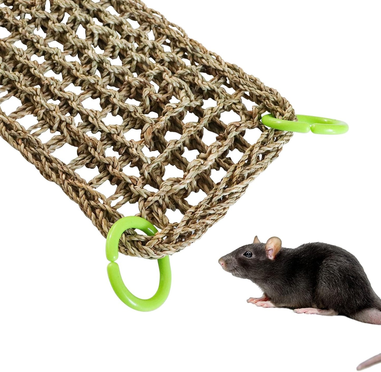 Rat Climbing Toys, 39 x 7 inch Small Animals Seagrass Mat Toy, Cat Climbing Toys, Natural Seagrass Woven Net Hammock with Hooks, Cage Accessories for Hamster Guinea Pig Parrot Parakeets Cockatiels