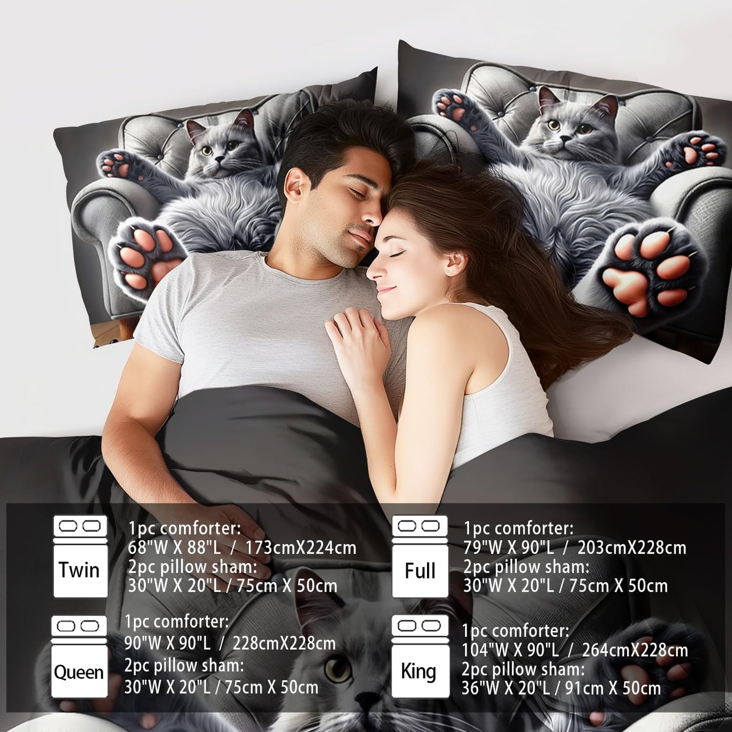 Cute Cat Comforter Set Twin,Grey Kawaii Cat Bedding Set Adult,Cute Animal Comforter for Boy,American Shorthair Bedding Grey,Kawaii Animal Print Quilt Bedroom Decor Kids