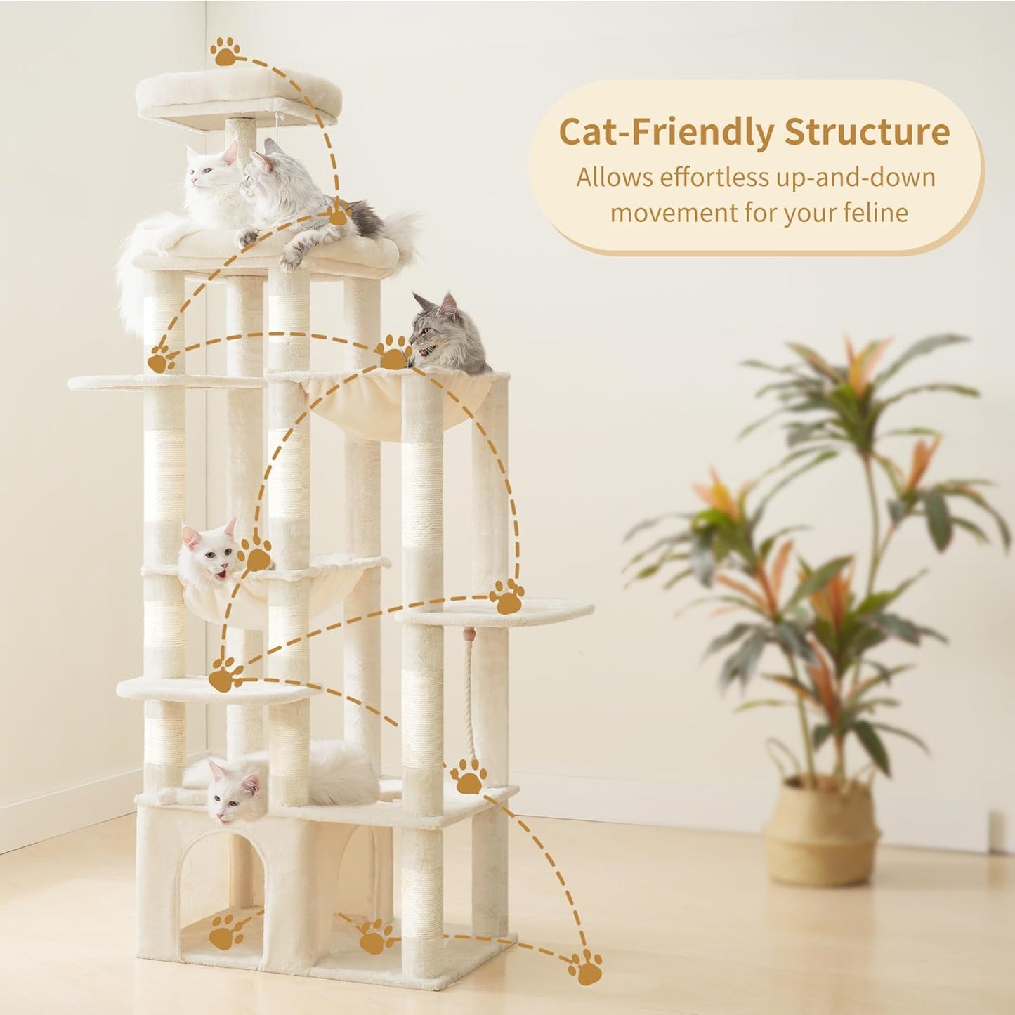 Heybly Heavy Duty Cat Tree, 71-Inch Tall Tower for Large Maine Coon with Extra-Large Baseboard, Cat Condo Furniture with Multi-Level Platforms, 2 Hammocks and 12 Scratching Posts, Beige HCT037M