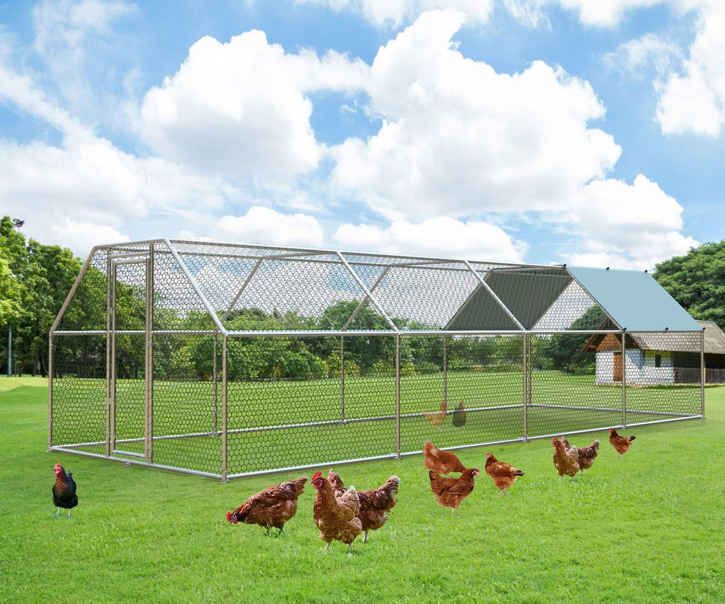 1.26’’ Large Metal Chicken Coop Walk in, Chicken Pen for Chickens, Outdoor Chicken Runs Coops Dog Kennel, Flat Roofed Chicken Runs for Yard with Anti-Ultraviolet Cover (9.2’L x 25’W x 6.4’H)