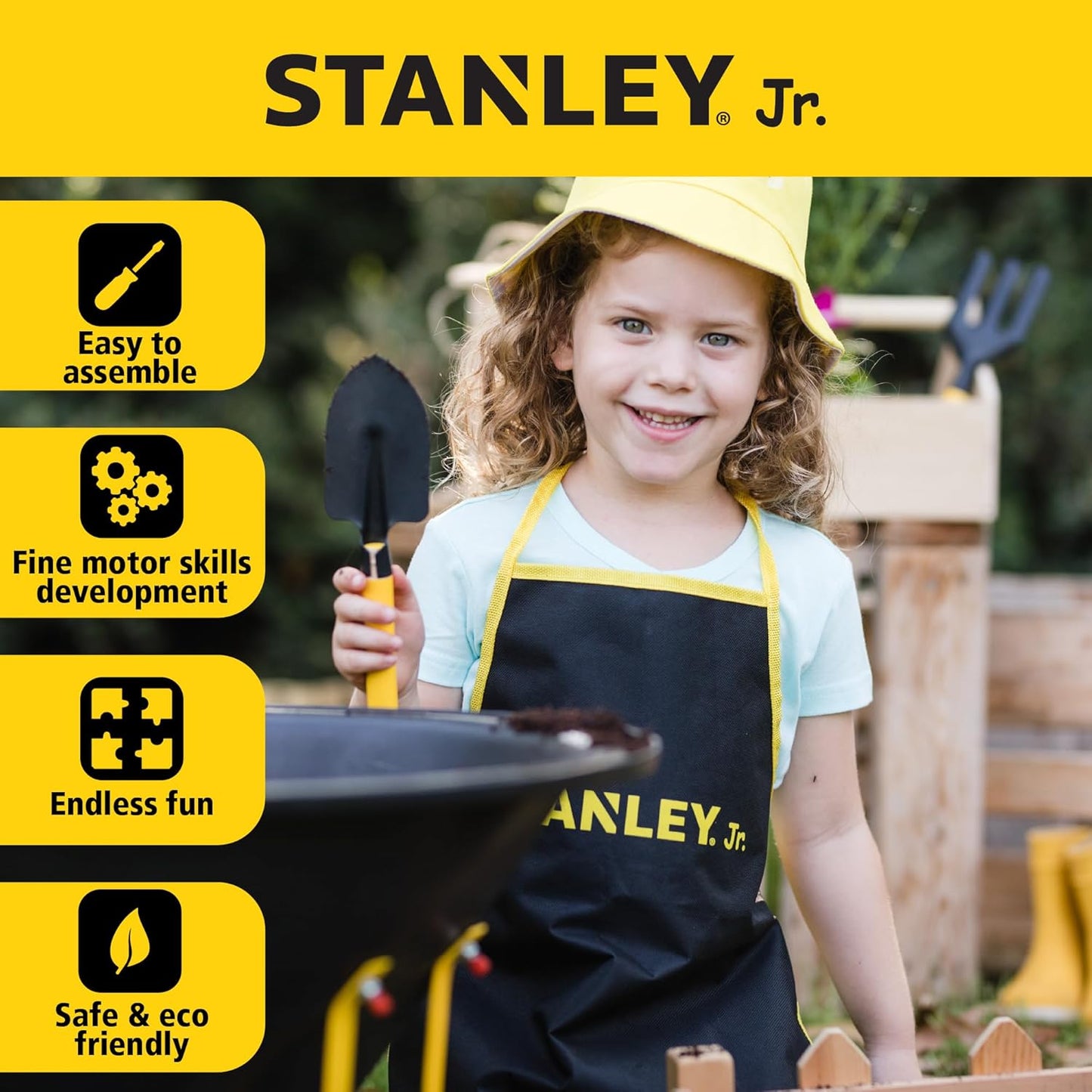 Stanley Jr. Kids Wheelbarrow Set – 6-Piece Durable Toddler Wheelbarrow & Garden Tools – Child Outdoor Toy for Ages 3+ – Fun, Educational Backyard Play with Apron, Gloves & Tools