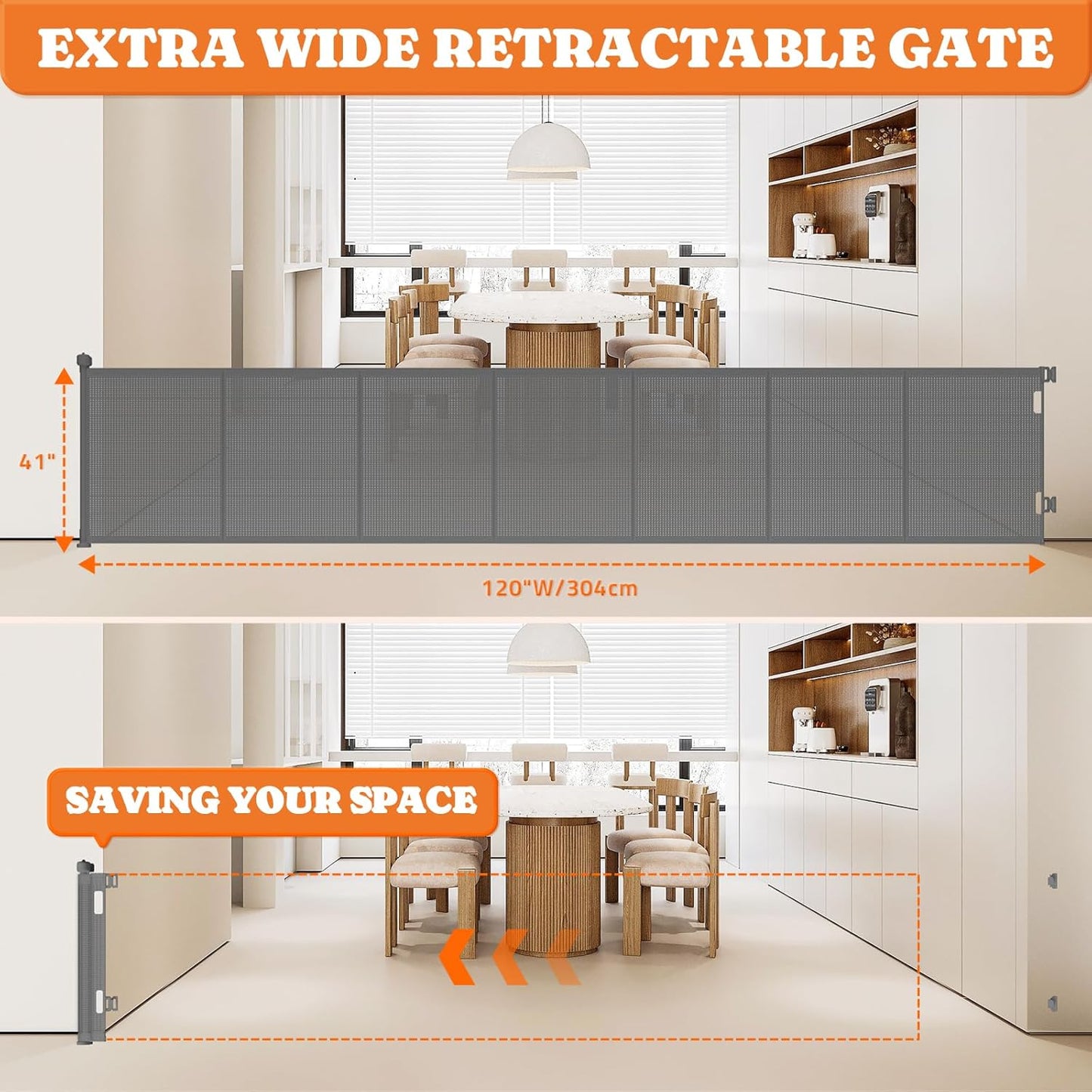 Upgrade 120" Retractable Baby Gates Extra Wide with Reinforced Strips, 10 FT Retractable Dog Gate for Garage, 41" Tall Retractable Gate Indoor Outdoor for Pet and Baby-Grey