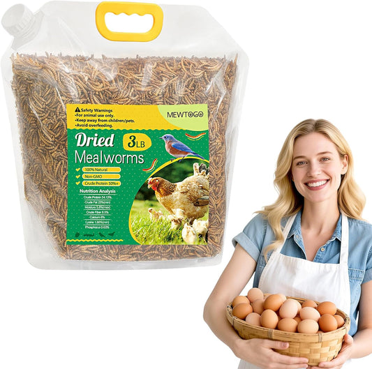 Mealworms Chicken Treats 3 Lbs with Handle Packing, High-Protein Promote Egg Production, Natural Chicken Feed for Laying Hens Wild Birds Ducks