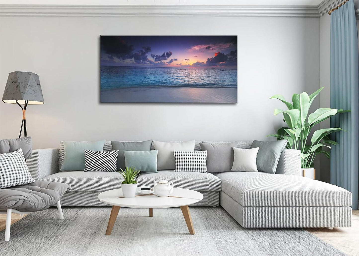 Blue Ocean Sunset Canvas Wall Art – Framed Seascape Painting, Coastal Landscape Nature Decor for Living Room & Bedroom (24x48 Inch)