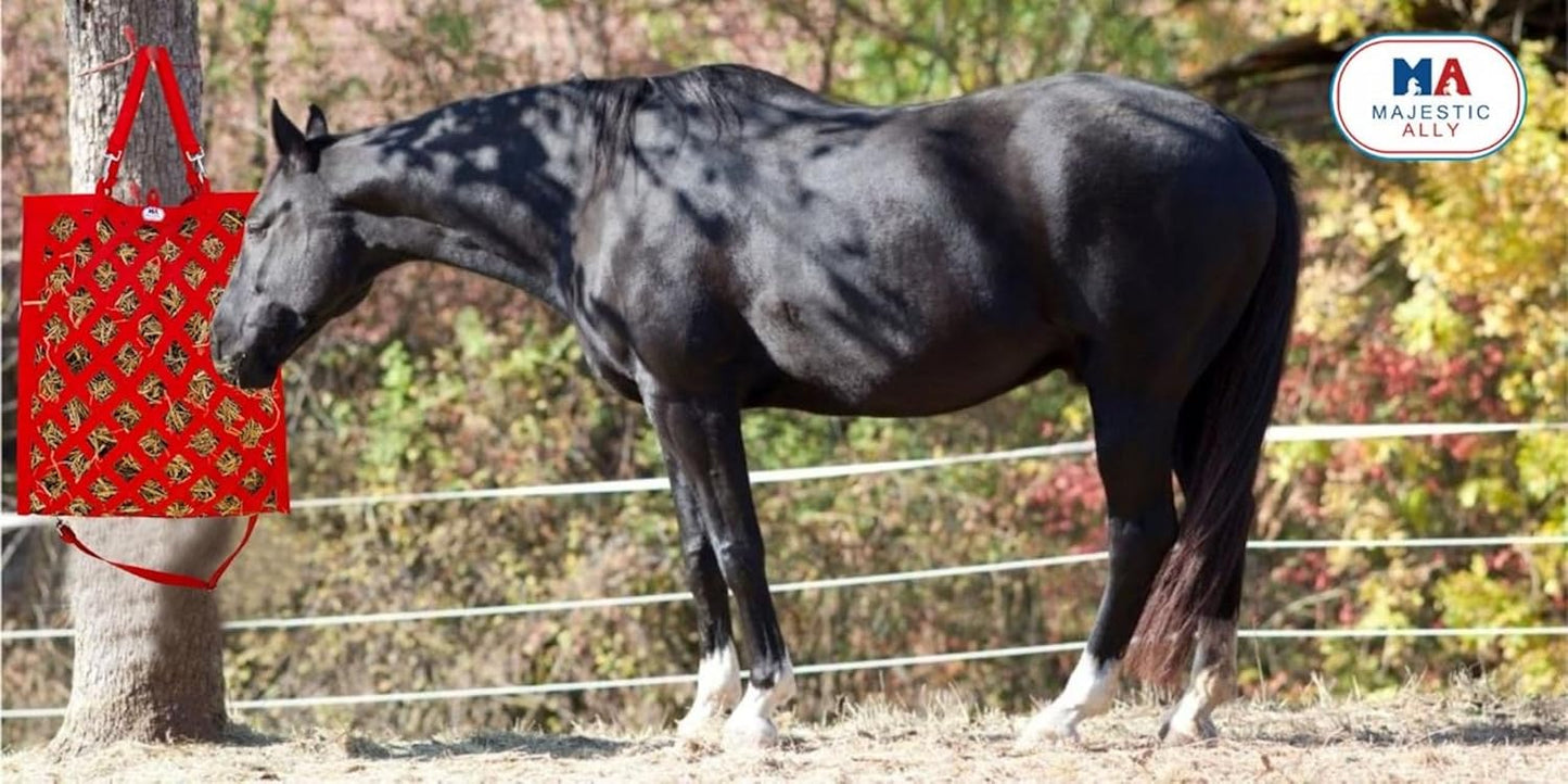 Majestic Ally Premium Nylon Hay Bag for Horses and Livestock, Simulates Grazing, Slow Feeding, Heavy-Duty PP Webbing,Quick-Adjust Straps, Small Hole for Digestion, Multiple Colors (Red)
