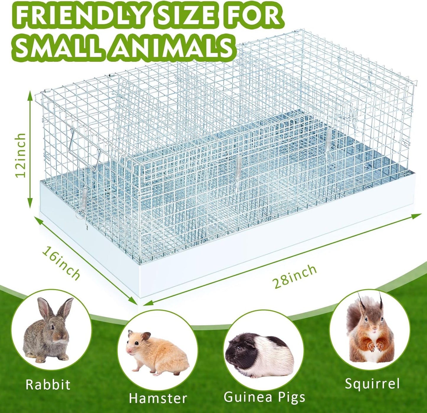 Folding Rabbit Cage, 28 x 16 x 12 in Portable Bunny Carrier with Tray and Handles for Transport, Travel or Temporary Housing, Indoor Outdoor Pet Habitat Animal Enclosure