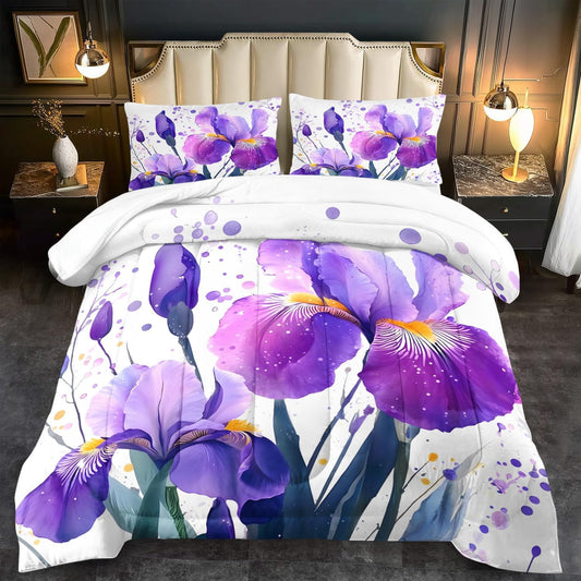 Purple Floral Comforter Set King Size Woman,Purple Iris Comforter for Girls,Pink Flower Bedding Set King Bedroom Decor,Floral Bedding Quilt Bed Decor Pink for Kids and Adults