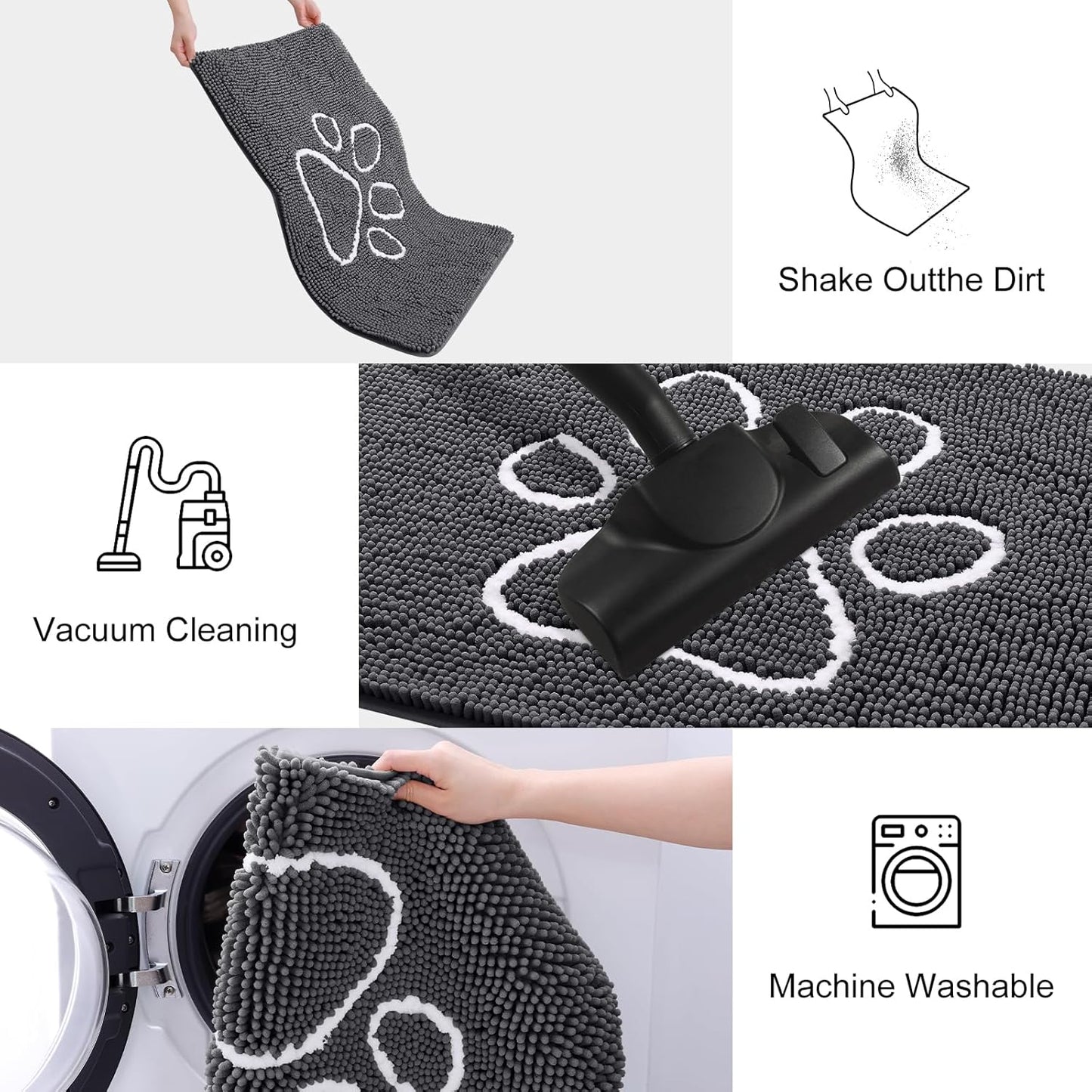 Smiry Dog Door Mat for Muddy Paws, Absorbent Dirt Trapper Non Slip Quick Dry Washable Chenille Mat for Mud Dogs, Entry Rug for Indoor and Outdoor (70x24 Inches, Dark Grey and White)