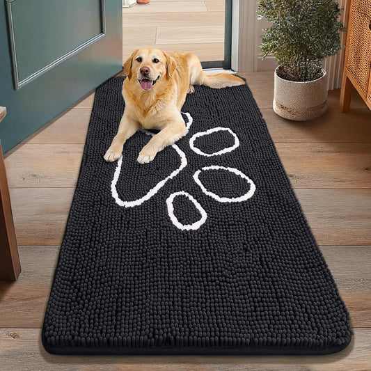 Smiry Dog Door Mat for Muddy Paws, Absorbent Dirt Trapper Non Slip Quick Dry Washable Chenille Mat for Mud Dogs, Entry Rug for Indoor and Outdoor (48x30 Inches, Black)