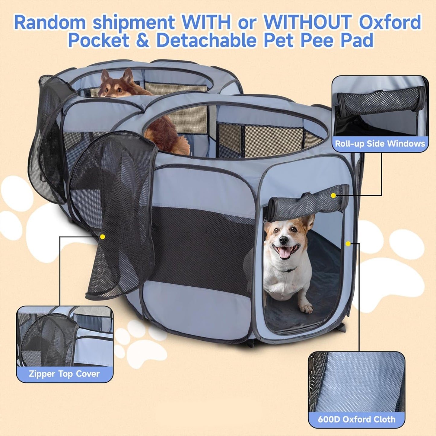 2-in-1 Dog Playpen, Pop Up Cat Puppy Pet Playpen, Indoor Outdoor Cats Enclosed, Cat Tent Crate Cage Kennel, Portable Playpen for Kitten and Small Animals(No Divider, Unified Space)