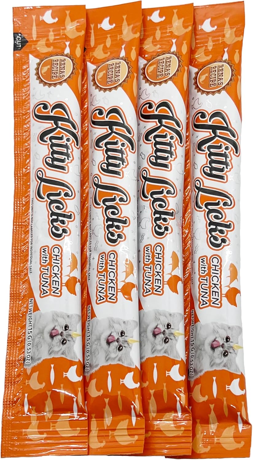 Rena's Recipe Kitty Licks Chicken Barrel (60 Tubes) 3 flavorsX 20 Tubes Cream Lickable Cat Treats 3 Different Flavors: Chicken, Chicken with Tuna, and Chicken with Liver