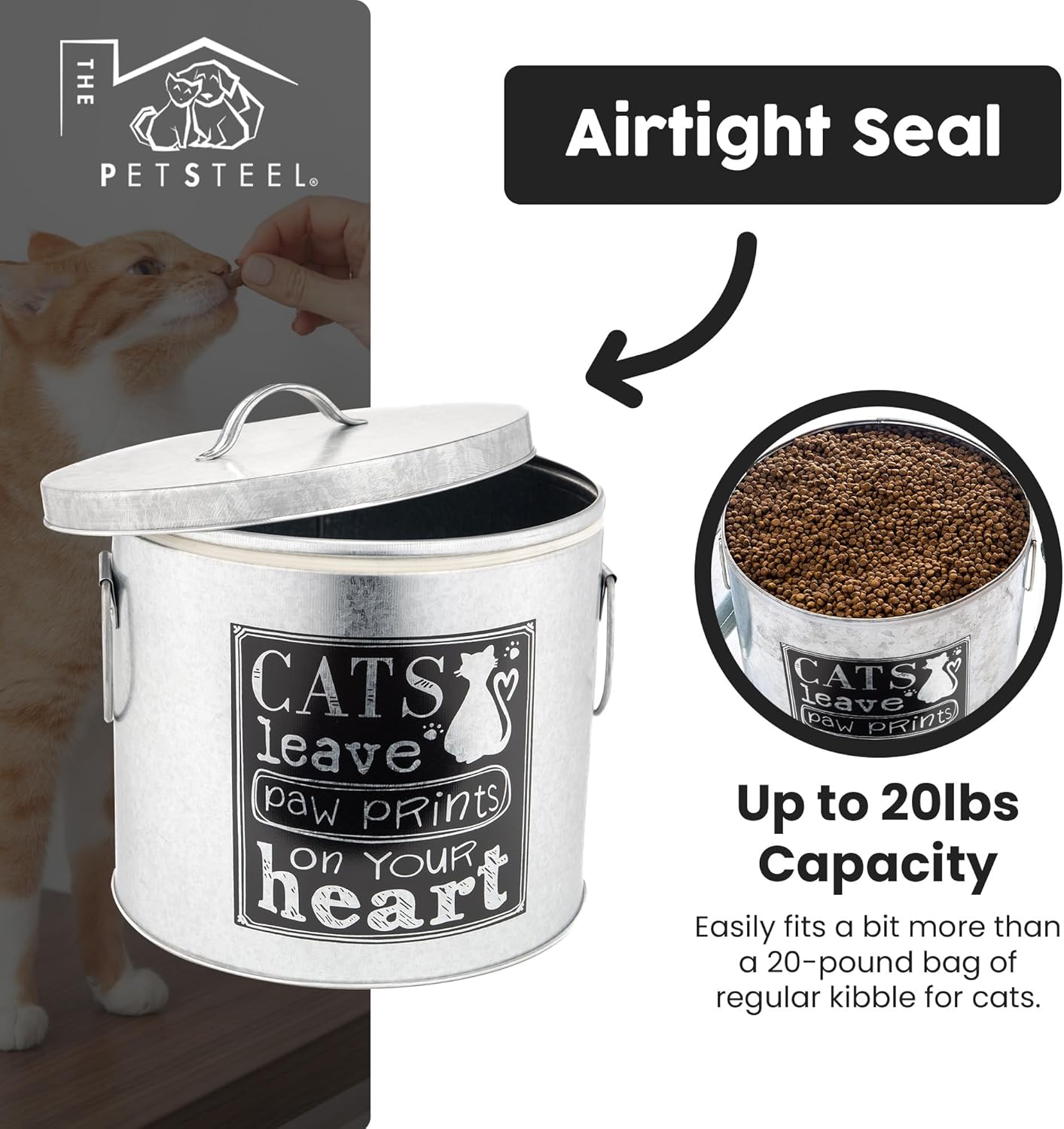 Silver 20lb Cat Food Storage with Scoop | Pet Container for food that can fit in the pantry | Modern Beautiful Cat Pet Food Storage Container