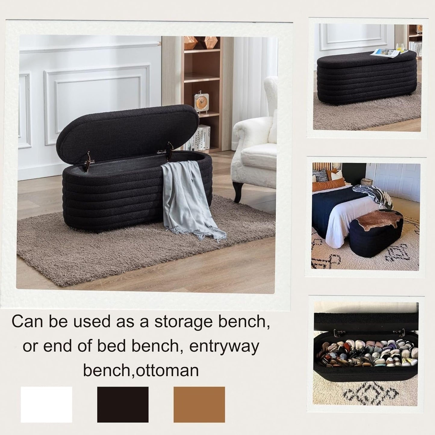 Storage Ottoman Bench Upholstered Fabric Storage Bench End of Bed Stool with Safety Hinge for Bedroom, Living Room, Entryway (45.5-inch, Black)
