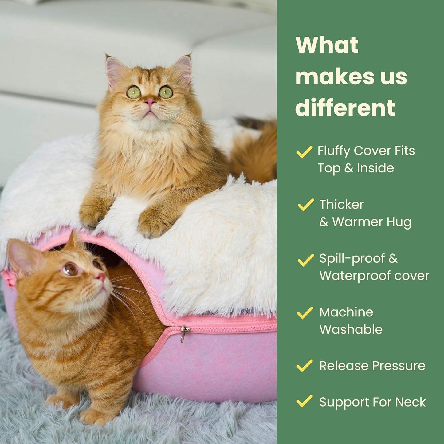 CATTASAURUS Peekaboo Cat Cave for Multiple & Large Cats Up to 30-45 Lbs, Fluffy Cat Beds for Indoor Cats, Scratch Detachable & Washable Tunnel Bed, Comfy Donut Cat Cave (Pink, Large (Calming))