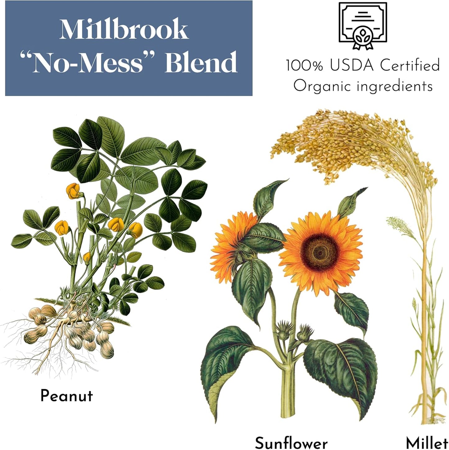 Flying Colors Premium Organic Wild Bird Seed | Millbrook No Mess Bird Seed for Outside Feeders | 100% USDA Organic, Waste Free, No Fillers, No Pesticides | Sunflower, Peanut | 3 Gallon Easy-Pour