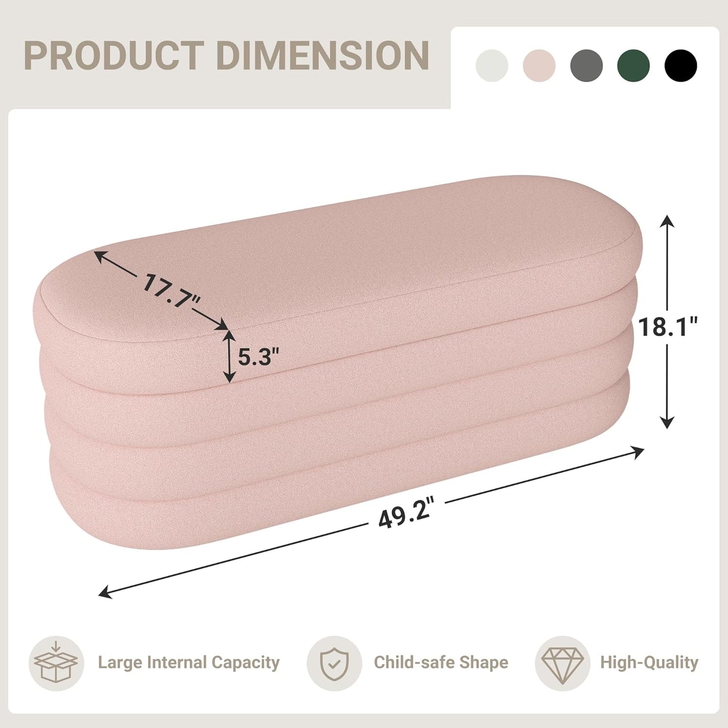 Storage Ottoman Bench 49.2 Inch Upholstered Fabric Storage Bench for Bedroom End of Bed Aesthetic Large Oval Ottoman for Living Room Entryway (Pink)