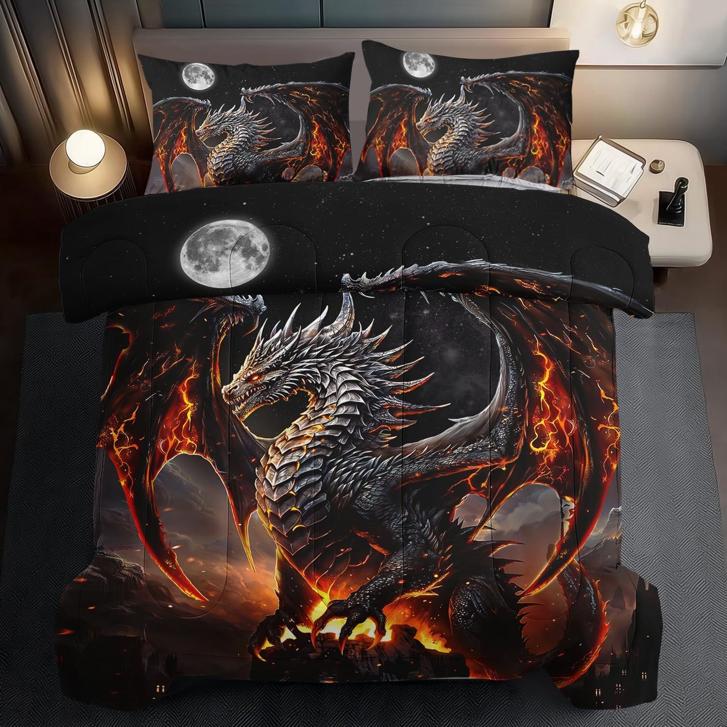 Black Dragon Comforter Set Queen Adult,Flame Dragon Bedding Set for Boys,Magical Beast Bedding Fantasy Animal Comforter Beedroom Decor,Magical Beast Quilt Bed Decor