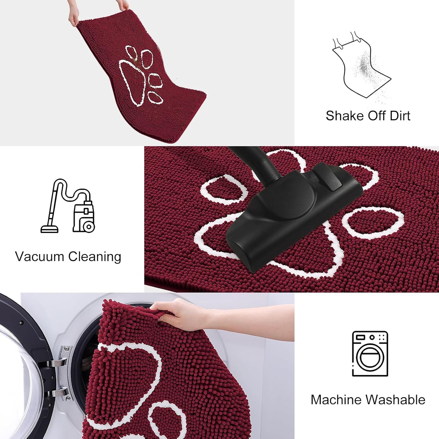 Smiry Dog Door Mat for Muddy Paws, Absorbent Dirt Trapper Non Slip Quick Dry Washable Chenille Mat for Mud Dogs, Entry Rug for Indoor and Outdoor (48x30 Inches, Burgundy)