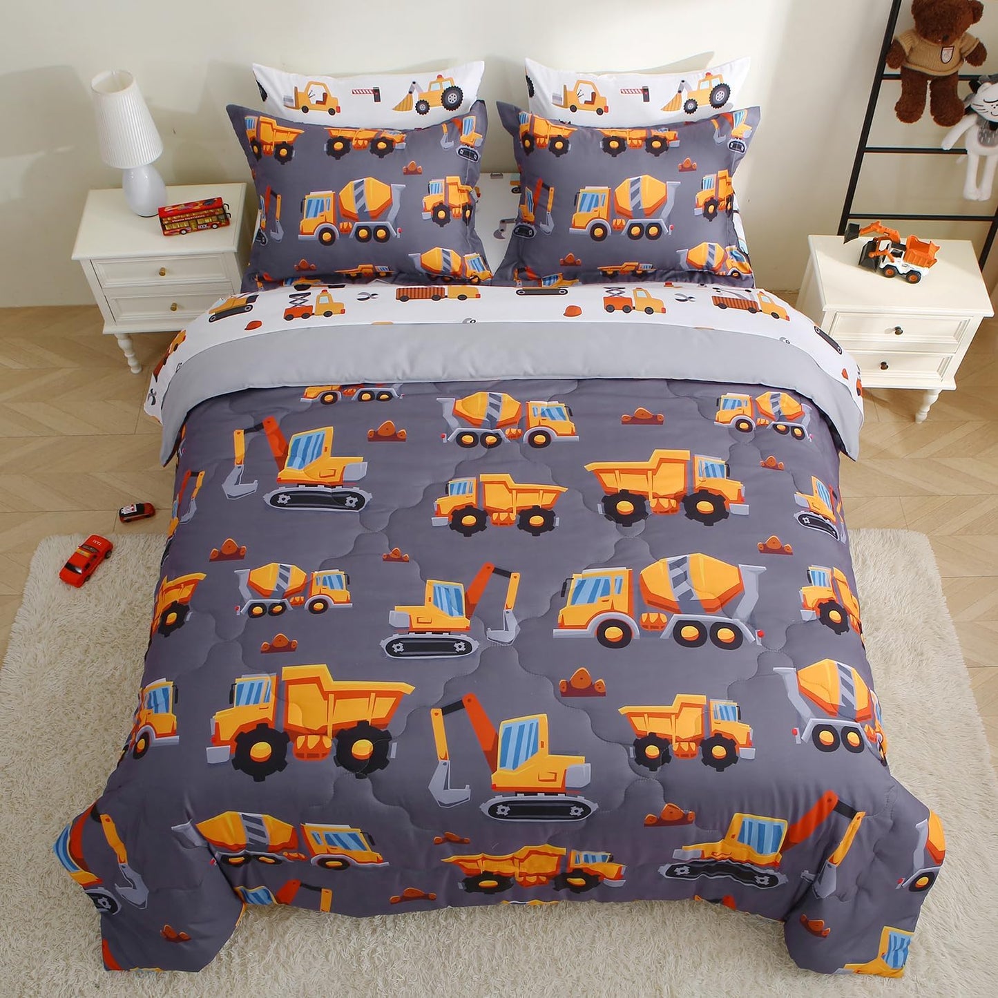 Kids Comforter Set 7 Piece Bedding Cute Car Cartoon Truck Bed Microfiber Comforter Queen Size All Season Excavator Car Truck Printed