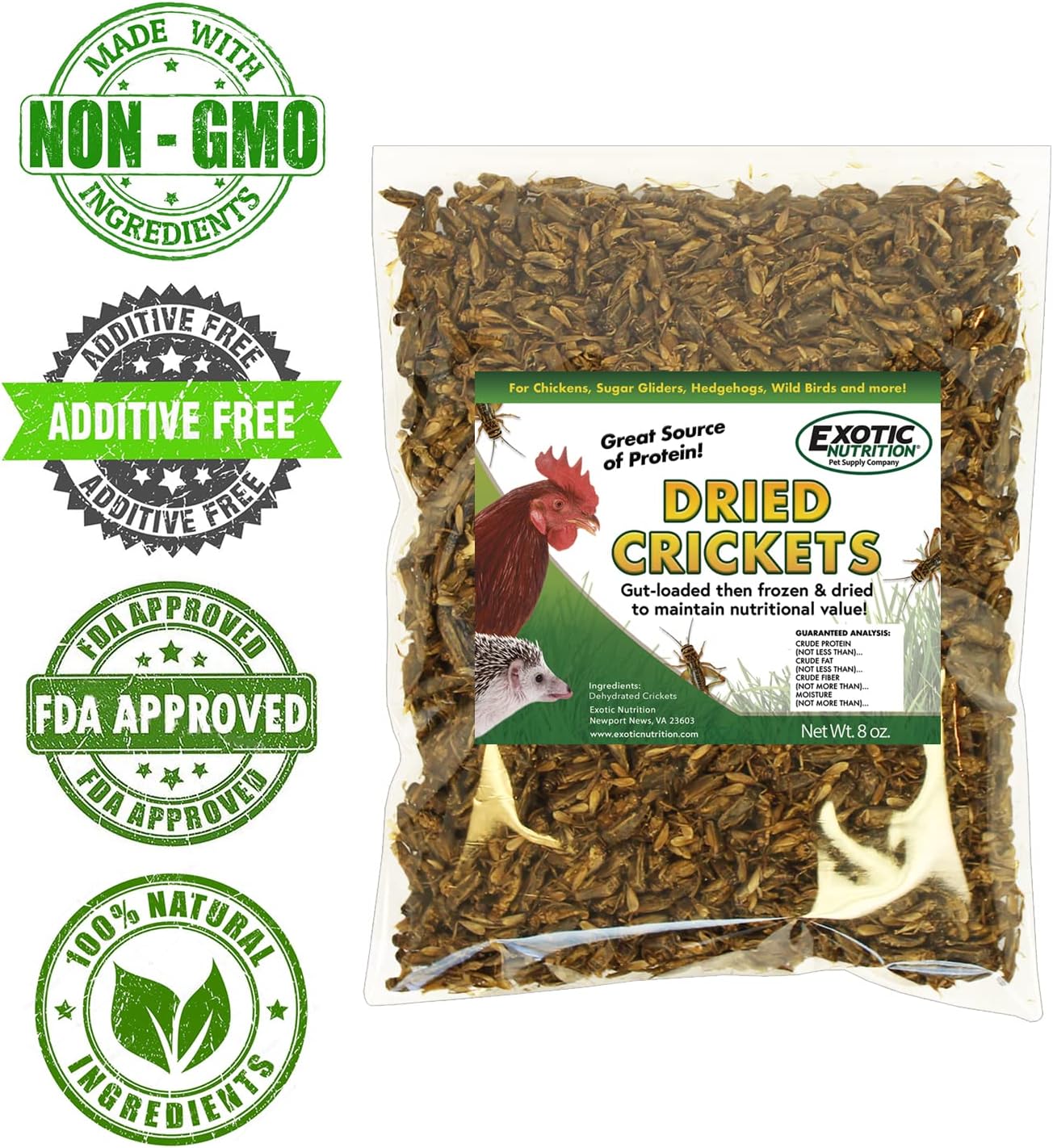 2 Pound Dried Crickets - High Protein Insect Treat - Chickens, Wild Birds, Hedgehogs, Bluebirds, Reptiles, Sugar Gliders, Opossums, Skunks, Lizards, Bearded Dragons, Fish, Turtles 8 oz. (4 Pack)