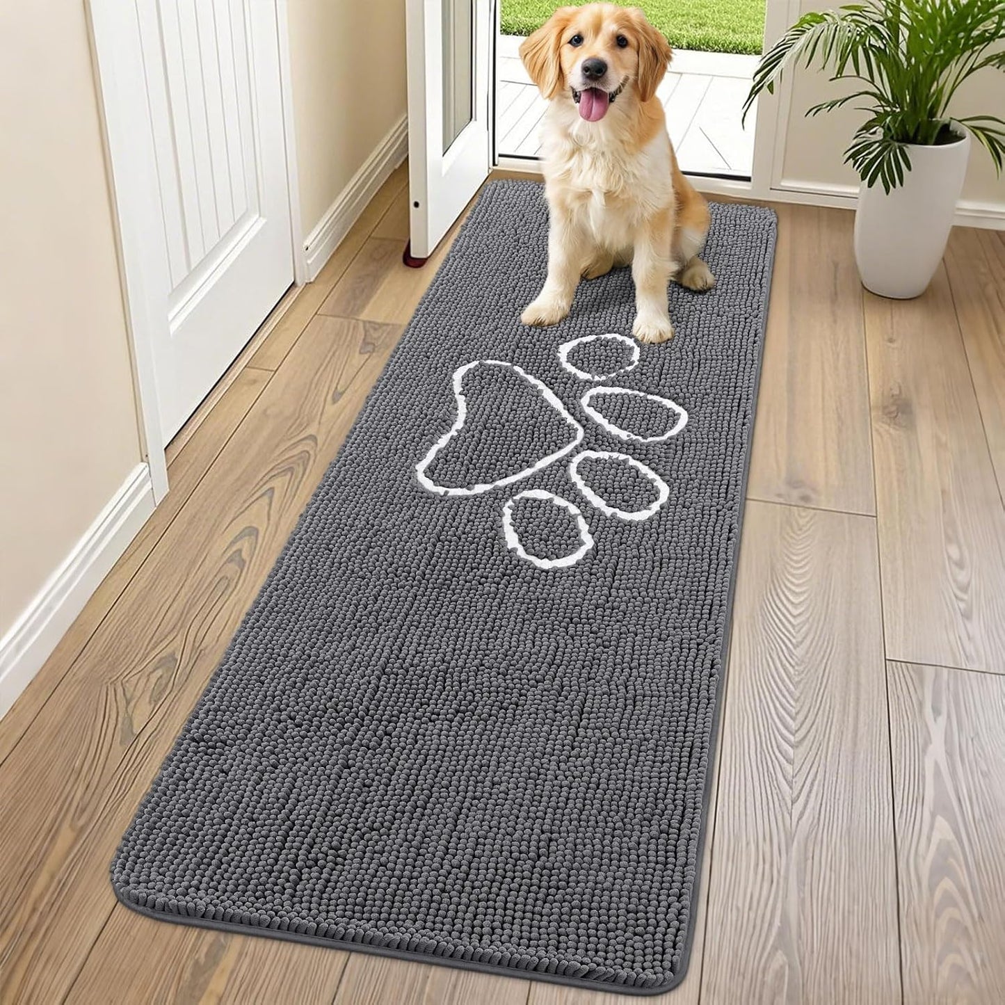 Smiry Dog Door Mat for Muddy Paws, Absorbent Dirt Trapper Non Slip Quick Dry Washable Chenille Mat for Mud Dogs, Entry Rug for Indoor and Outdoor (70x24 Inches, Dark Grey and White)