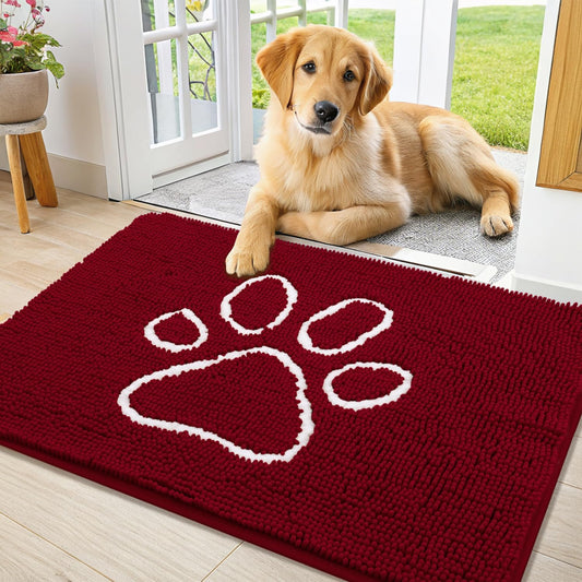 Smiry Dog Door Mat for Muddy Paws, Absorbent Dirt Trapper Non Slip Quick Dry Washable Chenille Mat for Mud Dogs, Entry Rug for Indoor and Outdoor (36x24 Inches, Red)