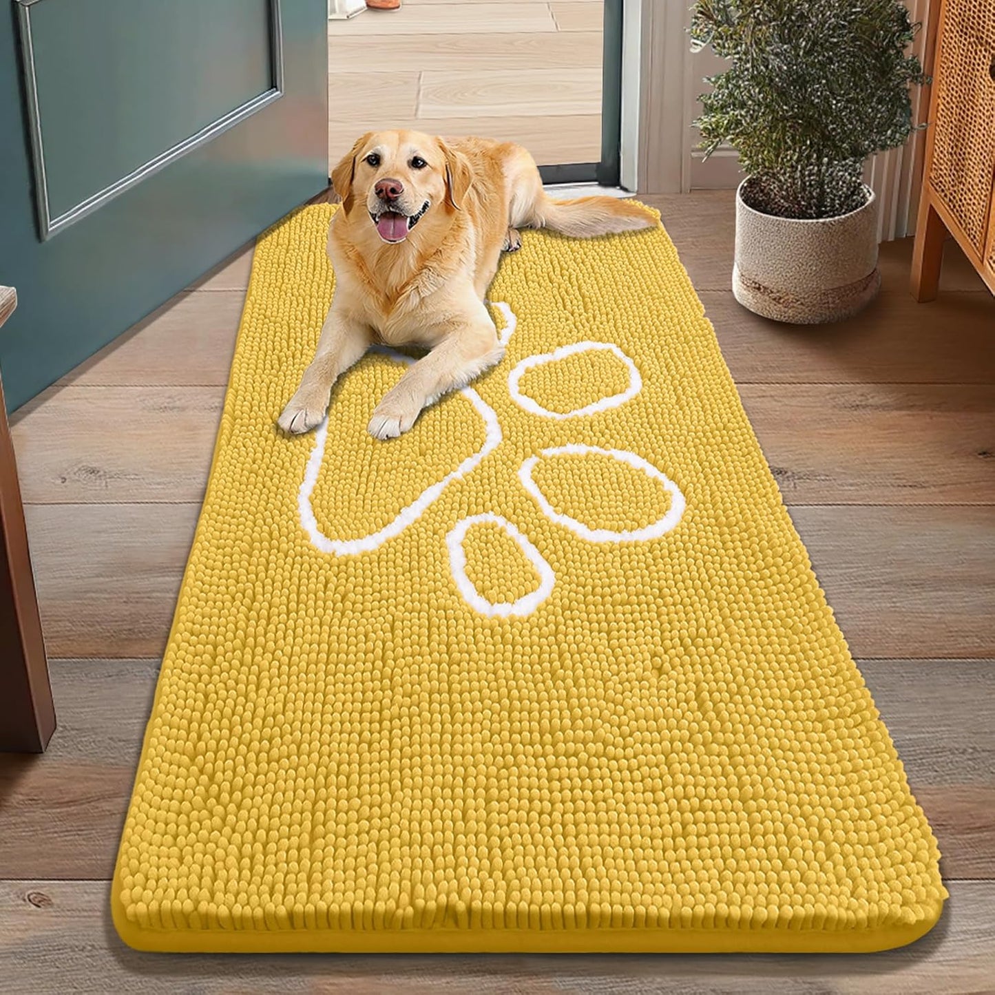 Smiry Dog Door Mat for Muddy Paws, Absorbent Dirt Trapper Non Slip Quick Dry Washable Chenille Mat for Mud Dogs, Entry Rug for Indoor and Outdoor (48x30 Inches, Yellow)