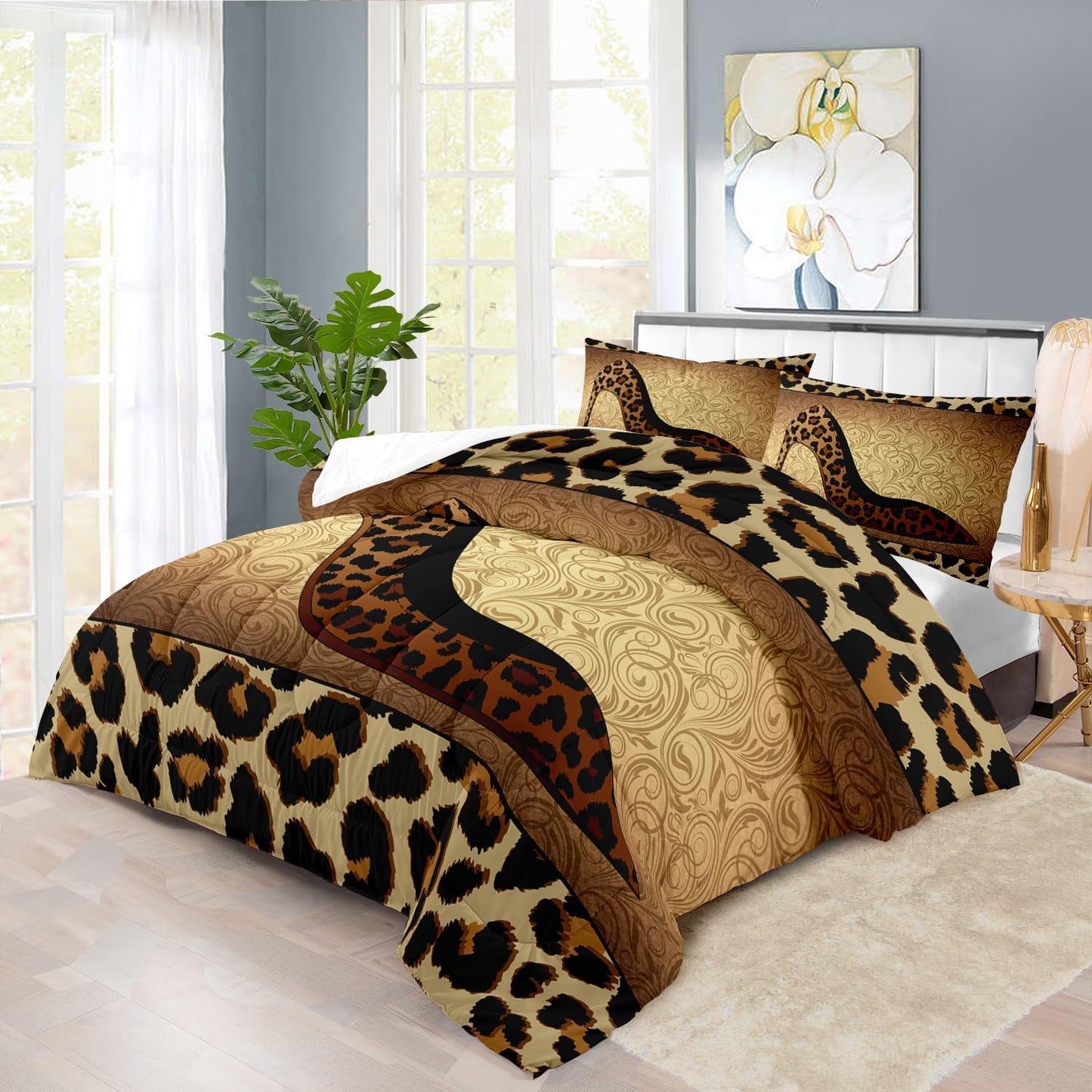 Leopard Comforter Set King Girls,Sexy High Heel Comforter for Women,Leopard Print Bedding Set King Adult,High Heel Quilt Bedroom Decor,African Animal Print Bedding Quilt