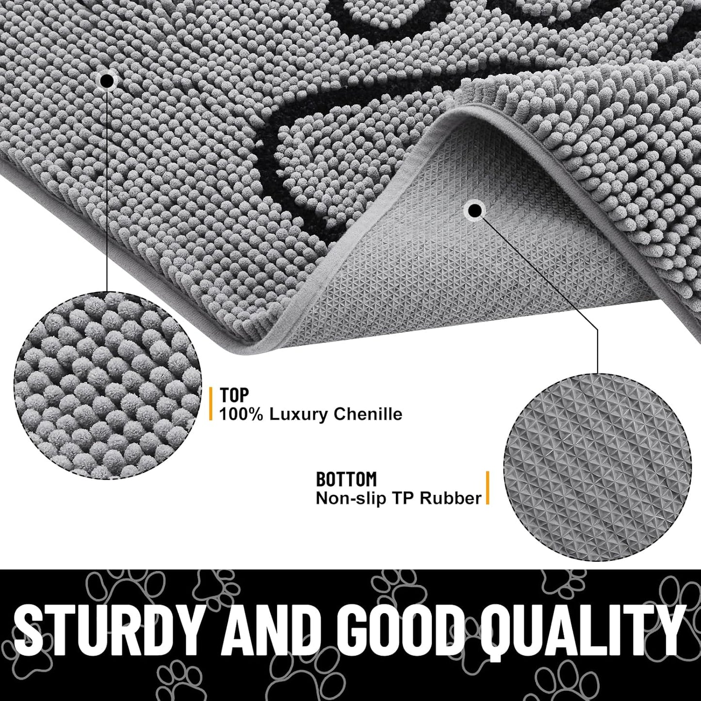 Smiry Dog Door Mat for Muddy Paws, Absorbent Dirt Trapper Non Slip Quick Dry Washable Chenille Mat for Mud Dogs, Entry Rug for Indoor and Outdoor (47x24 Inches, Grey)