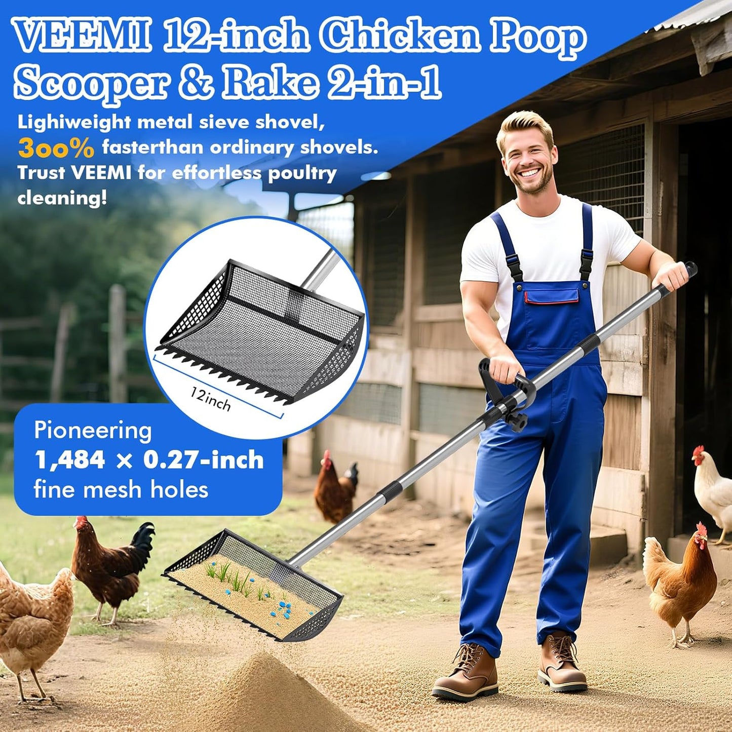 12 Inch Chicken Poop Scooper & Rake 2-in-1, Large Metal Shovel Head, Rubber Handle Stainless Steel Chicken Litter Scoop for Chicken Coops, Litter Screening Scoop (35 to 65in) US Patent Pending (Black)