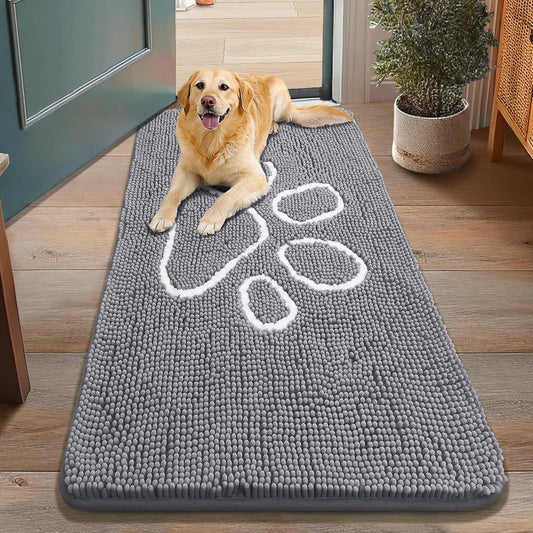 Smiry Dog Door Mat for Muddy Paws, Absorbent Dirt Trapper Non Slip Quick Dry Washable Chenille Mat for Mud Dogs, Entry Rug for Indoor and Outdoor (48x30 Inches, Grey and White)