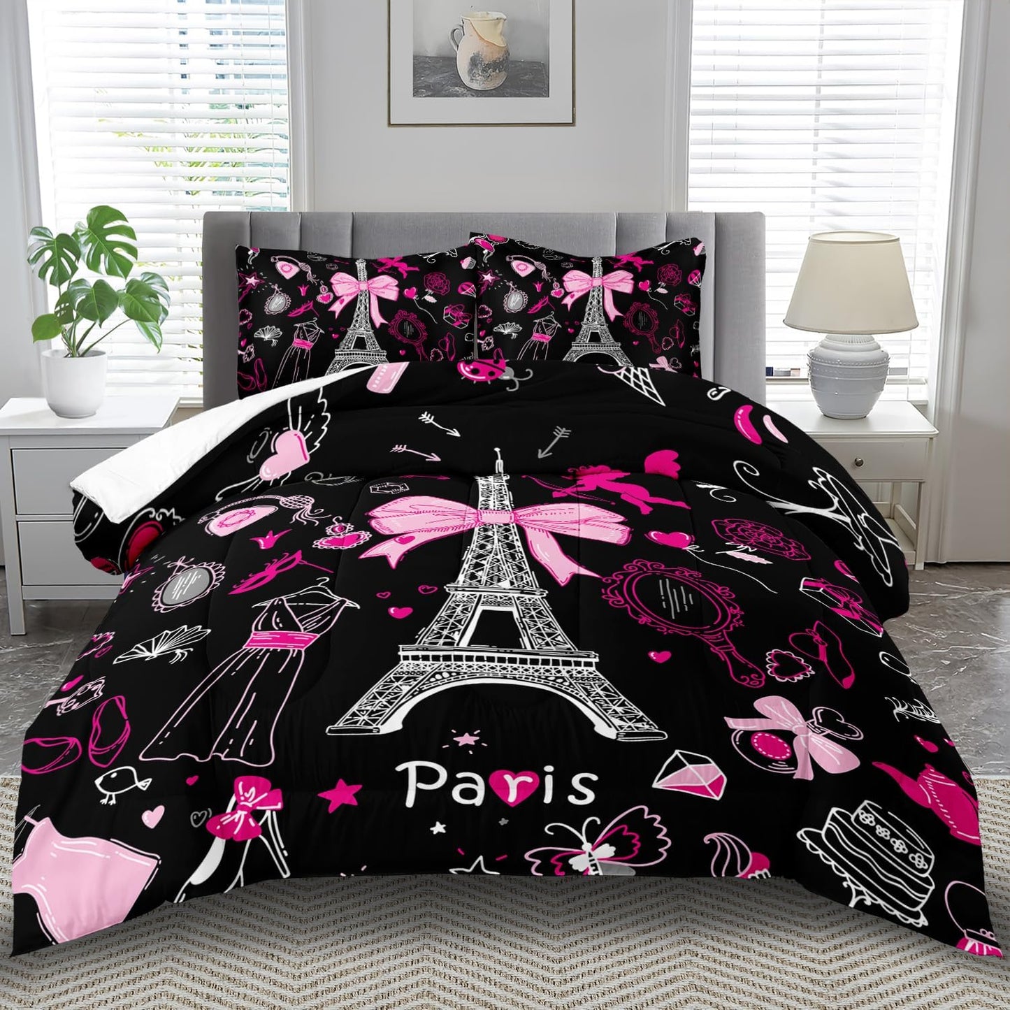 Eiffel Tower Comforter Set Queen Size,Eiffel Tower Bedding Set for Girls, Pink and Black Paris Themed Comforter Bedroom Decor,Paris Quilt French Style Romantic Bedding