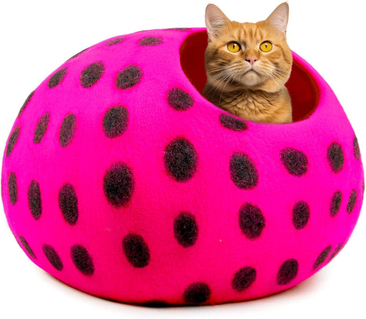 Woolygon Premium Felt Cat Cave Bed - Polka Dot Series - Wool Kitty Beds Handcrafted Kitten Caves Bed for Indoor Cats - Eco-Friendly Merino Wool, Foldable Cat Hideaway Cat Houses (Pink/Black Dots)