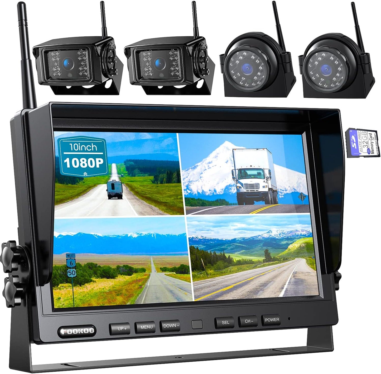 Fookoo HD 10" Wireless Backup Camera System, 1080P 10-inch Quad Split Monitor w/Recording, Waterproof Side & Rear View Cameras, 4 Channel, Digital Signal, Parking Lines for RV/Truck/Trailer